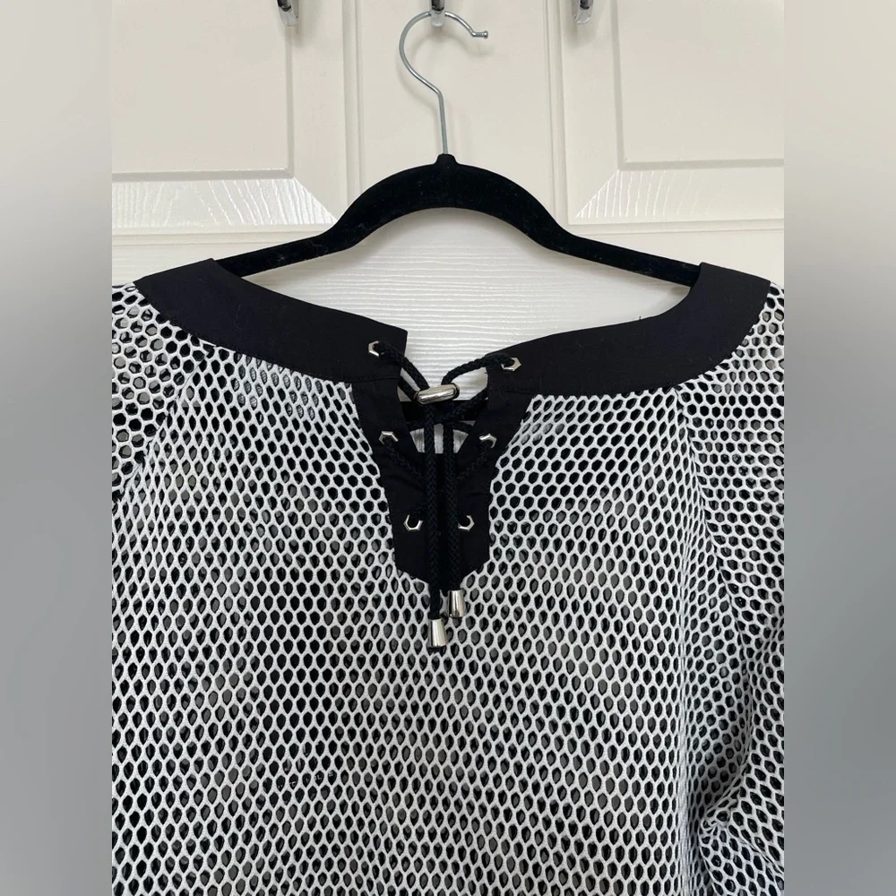 Hilton Hollis black and white mesh string tie swim vacation top shirt | XL - Picture 3 of 12